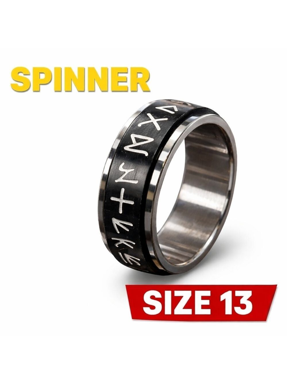 Men’s Size 13 Spinner Ring Black Norse Viking Rune Band Stainless Steel Anxiety